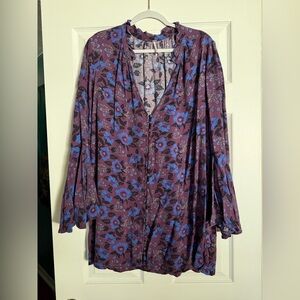 Free People Plum Floral Button-Front Dress with Blue Accents